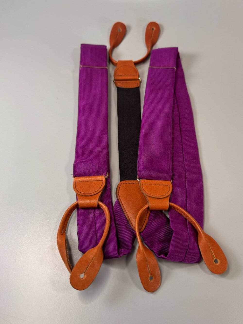 Purple Silk Suspenders | Brown Leather Button Tabs + Brass hardware | Germany